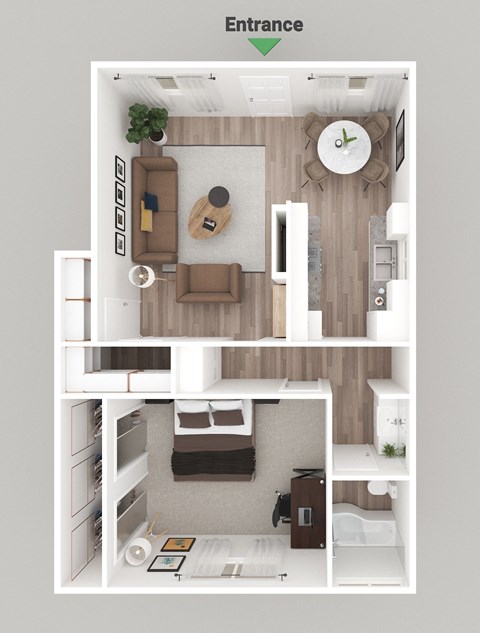 a rendering of a 1 bedroom floor plan with a living room and a dining room